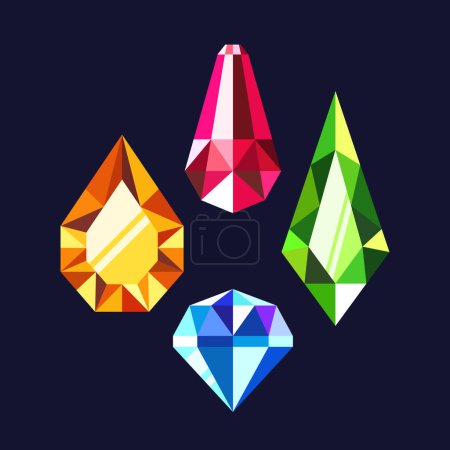 Ilustración de Dibujos animados Gemstone Crystal Game Assets. Gemas facetadas 2d vibrantes y encantadoras, cristales mágicos coloridos en forma de diamante y gota, perfectos para crear entornos inmersivos. Ilustración vectorial - Imagen libre de derechos