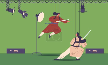 Illustration for Actor Characters Bringing Scripts To Life, Perform Intense Samurai Battle in The Movie Studio during Filming Process, Captures Precision Choreography in Action. Cartoon People Vector Illustration - Royalty Free Image