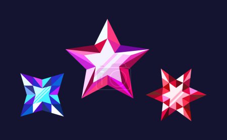Illustration for Cartoon Star-shaped Gemstone Crystals. Dazzling Game Assets With Vibrant Red, Pink and Blue Hues, Exquisite Facets, And Radiant Sparkle. Enhancing Mystical Magical Game Artifacts. Vector Illustration - Royalty Free Image