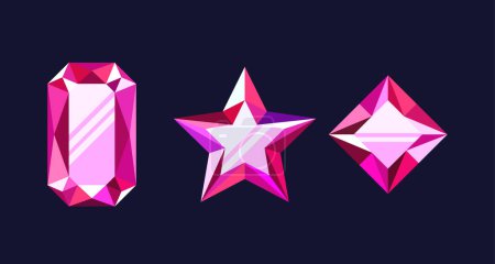 Illustration for Cartoon Pink Gemstones Game Assets. Vibrant Collection Of Star, Rhombus and Oval 2d Precious Stones For Enhancing Jewelry, Treasure, And Magical Elements In Gaming Environments. Vector Illustration - Royalty Free Image