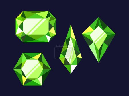 Illustration for Cartoon Green Gemstones Game Assets. Lustrous, Vibrant Jewels With Rich Hues, For Enhancing In-game Aesthetics. Exquisite And Varied Designs For Immersive Visual Experiences In Gaming Environments - Royalty Free Image