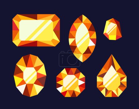 Illustration for Cartoon Vivid Yellow Gemstone Game Assets. Brilliant, Radiant Gems With Exquisite Details, Perfect For Enhancing In-game Jewelry Or Magical Artifacts in Virtual World. Vector Illustration, Set - Royalty Free Image