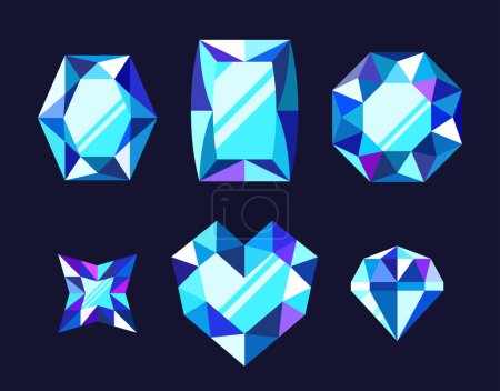 Illustration for Cartoon Blue Gemstones Game Assets. Exquisite, Sparkling Jewels With Captivating Hues. Perfect For Enhancing In-game Aesthetics, Treasures, And Magical Artifacts. Visually Enchanting Sapphires Set - Royalty Free Image
