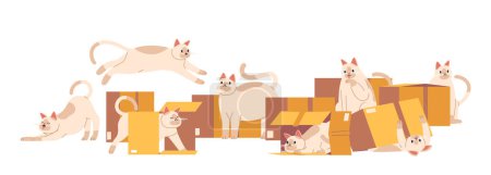 Illustration for Cats And Boxes, Feline Fascination With Cardboard Realms. Pets Play, Pouncing, And Hideaways. Boxes Spark Joy, Offer Entertainment And Comfort In The Curious World Of Cats. Cartoon Vector Illustration - Royalty Free Image