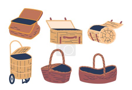 Ilustración de Conjunto de cestas de picnic vacías, tejidas con materiales naturales, que ofrece un almacenamiento espacioso para alimentos esenciales al aire libre. Perfecto para un delicioso día en la naturaleza o parques. Ilustración de vectores de dibujos animados - Imagen libre de derechos