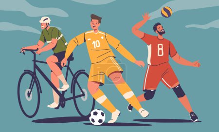 Ilustración de Bicicleta, jugador de fútbol y baloncesto Los personajes masculinos participan en actividades, mostrando un notable atletismo bajo el sol durante las competiciones deportivas de verano. Dibujos animados Gente Vector Ilustración - Imagen libre de derechos