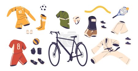 Illustration for Summer Sport Athlete Items Set. Sports Equipment, Apparel, Footwear, Moisture-wicking Accessories And A Durable Helmets, Optimized For Comfort, Style, And Peak Performance. Cartoon Vector Illustration - Royalty Free Image