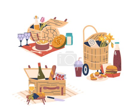 Illustration for Picnic Baskets Adorned With A Delightful Assortment Of Gourmet Products. Perfect For Outdoor Gatherings, Offer A Tasteful Blend Of Convenience And Culinary Delights. Cartoon Vector Illustration - Royalty Free Image