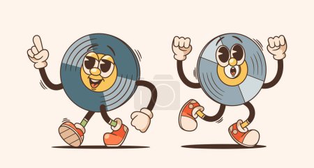 Illustration for Vinyl Disks Characters In Retro Cartoon Style. Vibrant, Whimsical Figures, Embodying Classic Audio Personages In Playful And Nostalgic Aesthetic, For Vintage-themed Animation. Vector Illustration - Royalty Free Image