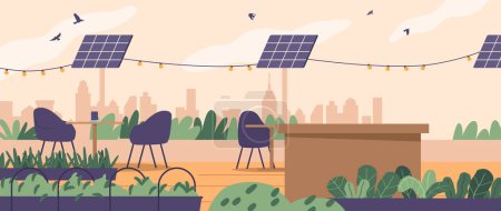 Ilustración de Exquisito restaurante en la azotea con paneles solares, donde los comensales disfrutan de un viaje culinario rodeado de exuberante vegetación, con impresionantes vistas a la ciudad y comidas saludables. Ilustración de vectores de dibujos animados - Imagen libre de derechos