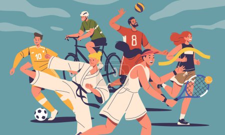 Illustration for Athletes Of Summer Sports. Male and Female Characters Soccer or Basketball Player, Runner, Karate, Tennis or Bicyclist Embody Strength, Agility, And Endurance. With Vibrant Energy. Vector Illustration - Royalty Free Image