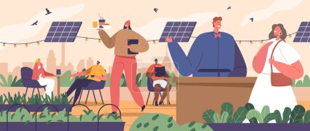 Illustration for Characters Visit Eco Farm Restaurant On The Roof To Savor Sustainable, Locally Sourced Cuisine Amid Breathtaking City Views, Fostering A Green, Eco-friendly Dining Experience With Delightful Ambiance - Royalty Free Image