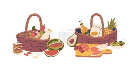 Illustration for Picnic Baskets Filled With Delicious Products and drinks, Perfect For A Leisurely Outdoor Meal. Includes A Variety Of Tasty Treats And Essentials For A Delightful Leisure. Cartoon Vector Illustration - Royalty Free Image