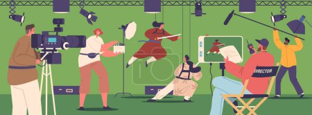 Téléchargez les illustrations : Le tournage en studio d'une scène de combat de samouraïs implique une chorégraphie, des angles de caméra précis et des interprètes qualifiés. L'éclairage et le son améliorent l'expérience cinématographique, créant une bataille captivante à l'écran - en licence libre de droit