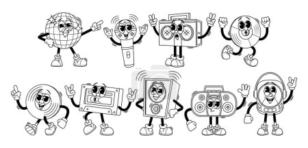 Ilustración de Personajes de técnica de audio en estilo retro lineal de dibujos animados. Dinámica, grabadora de cinta, micrófono, reproductor y bola de disco con radio o disco de vinilo, personajes Funky Groovy. Ilustración vectorial monocromática - Imagen libre de derechos
