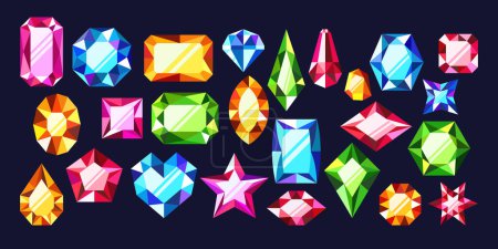 Illustration for Gemstone Game Assets, Exquisite 2d Jewels, Featuring Vibrant Colors, Brilliant Facets And Intricate Designs. Perfect For Enhancing In-game Aesthetics And Creating Dazzling Treasure. Cartoon Vector Set - Royalty Free Image