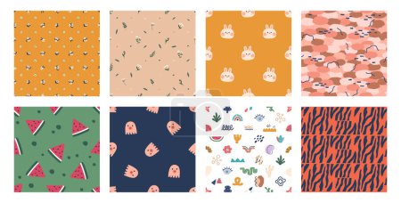 Illustration for Cute Seamless Patterns Set Vibrant And Captivating Design With Funny Animals, Flowers, Ghosts, Watermelon Slices, Tiger Skin and Abstract Elements, Continuous Tile. Cartoon Vector Illustration - Royalty Free Image