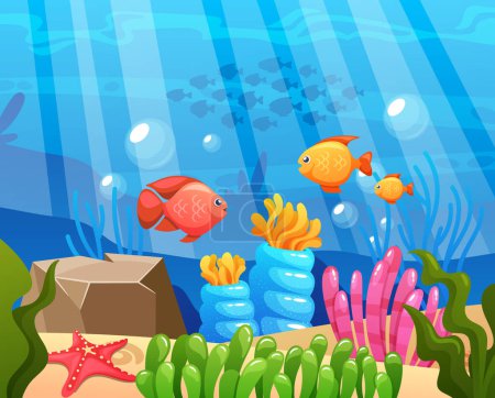 Téléchargez les illustrations : Cartoon Underwater World Background. Récifs coralliens vibrants, poissons ludiques et rayons de soleil filtrant à travers les eaux azur. Illustration vectorielle vivante et imaginative pour les aventures et l'exploration aquatiques - en licence libre de droit