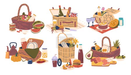 Illustration for Set of Picnic Baskets With an Assortment Of Products, Perfect For Outdoor Gatherings. Includes Tasty Treats, Utensils, And Essentials For A Delightful Dining Experience. Cartoon Vector Illustration - Royalty Free Image