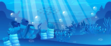 Ilustración de Antecedentes del mundo submarino con arrecifes de coral, criaturas marinas juguetonas y aguas azules claras. Un entorno encantador para aventuras acuáticas y exploración en los juegos. Ilustración de vectores de dibujos animados - Imagen libre de derechos