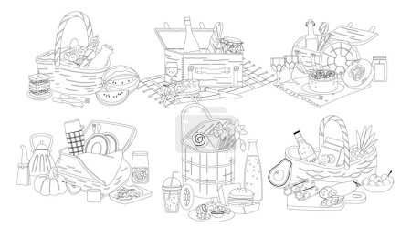 Ilustración de Conjunto de cestas de picnic con productos iconos de contorno aislados, bolsas de mimbre para reuniones al aire libre, llenas de deliciosas golosinas, utensilios y elementos esenciales para una deliciosa cena. Ilustración de vectores de dibujos animados - Imagen libre de derechos
