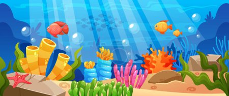 Ilustración de Fondo vibrante del mundo submarino de estilo de dibujos animados con arrecifes de coral coloridos, vida marina juguetona y agua azul cristalina. Entorno acuático animado e inmersivo. Ilustración vectorial - Imagen libre de derechos