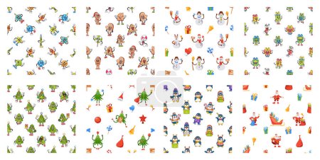Illustration for Seamless Christmas Patterns Set. Cartoon Vector Tile Backgrounds with Funny Illustrations of Snowmen, Holiday Trees, Gift Boxes and Santa Claus Characters in Retro Nostalgic Style - Royalty Free Image