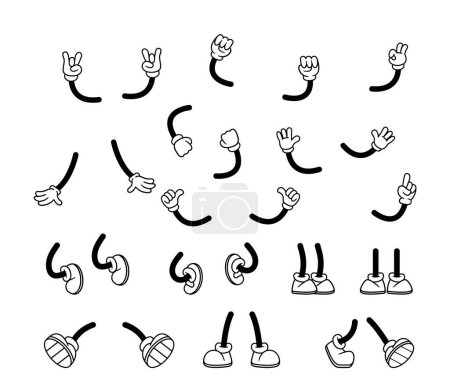 Illustration for Isolated Hands and Legs in Cartoon Retro Style. Comic Foot In Shoes and Arms in Gloves. Vector Set of Stick Feet In Sneakers Walk, Stand, Jump, Run, Body Parts, Black Limbs In On White Background - Royalty Free Image