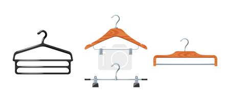 Illustration for Set Of Hangers, Sleek And Sturdy, Designed For Organized Closets. Made From Durable Materials, Maximize Closet Space While Keeping Garments Neat And Wrinkle-free. Cartoon Vector Illustration - Royalty Free Image
