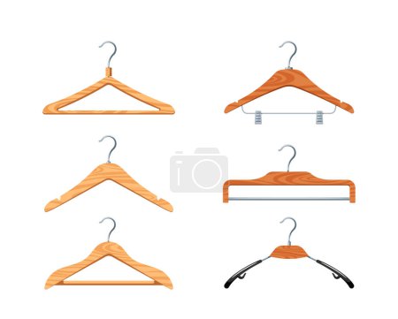 Illustration for Set Of Wooden Hangers, Smooth, Polished Finish Enhances Any Closet. Sturdy Design Ensures Reliable Support For Wardrobe, Combining Style With Functionality. Cartoon Vector Illustration - Royalty Free Image