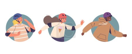 Illustration for Isolated Vector Round Icons Or Avatars of Cartoon Joyful Skater Kid Characters In Helmets, Exude Happiness and Playful Spirit. Little Cheerful Boys and Girls Vibrant And Energetic Portraits - Royalty Free Image