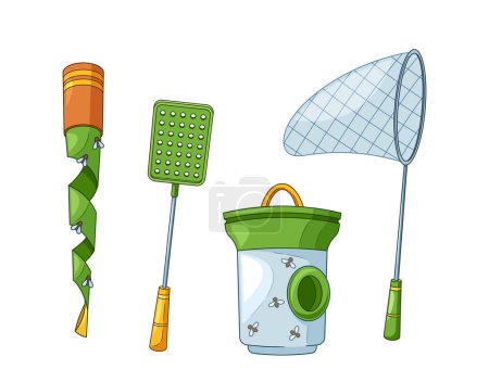 Illustration for Traps for Pests Isolated Vector Set. Fly Swatter, Sticky Trap With Enticing Scents And Colors Ensnaring Bugs In Adhesive Surfaces. Uv Light Trap Capture Flying Insects Providing Effective Pest Control - Royalty Free Image