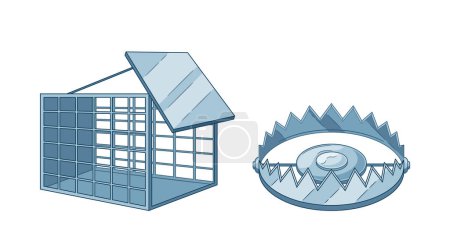 Illustration for Bear Traps Are Designed To Capture Bears Using A Spring-loaded Mechanism, While Metal Cage Traps Employ An Enclosure To Safely Catch And Relocate Animals Without Harm. Cartoon Vector Illustration - Royalty Free Image