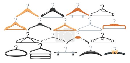 Illustration for Hangers, Crafted From Durable Materials, Featuring A Sleek Design. Ideal For Organizing And Displaying Clothing, These Hangers Offer Functionality With A Touch Of Modern Elegance Cartoon Vector Set - Royalty Free Image
