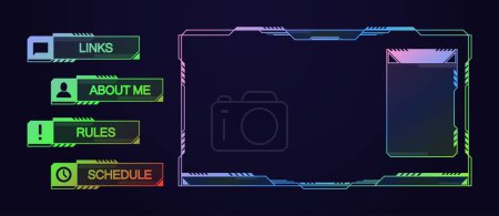 Illustration for Digital Technology Frame for Streamers. Ui, Ux Futuristic Hud, Virtual Interface. Vector Border Design Template and Buttons, Overlay For Game Streaming. Info Box Layout in Glowing Neon Rainbow Colors - Royalty Free Image