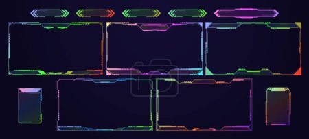 Illustration for Game Live Stream Panels, Empty Overlay Frames And Buttons With Colorful Rainbow Neon Glow. Vector Cartoon Set Of Ui Interface For Webcam Video And Streaming Isolated On Black Background - Royalty Free Image