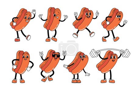 Téléchargez les illustrations : Charismatique personnage de hot dog rétro avec un visage joyeux, des lunettes de soleil sportives et un sourire ludique, un entraînement avec Barbell, un charme intemporel qui apporte de la joie à tous. Illustration vectorielle - en licence libre de droit