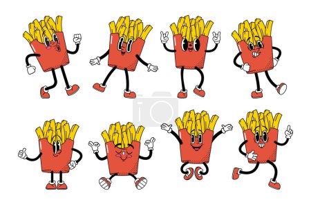 Illustration for Retro Cartoon Potato Fries Character Emoji Set. Funny Personage Sporting Shades And Cool Grin, Smile and Meditate, Brings Crispy Vibes To The Nostalgic World Of Animated Munchies. Vector Illustration - Royalty Free Image