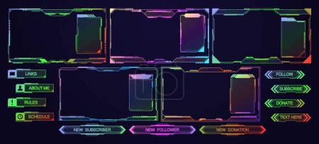 Illustration for Stream Overlay, Mmo Game Menu, Neon Space Ui Frames Vector Set. Streaming Screens, Gamer Username Panels And Buttons. Futuristic Templates For Live Video Digital User Glowing Interface Borders - Royalty Free Image
