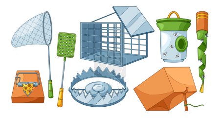 Illustration for Animal Traps Include Snares, Leg-hold Traps, And Cage Traps. Mousetrap, Metal Bear Trap, Butterfly Net For Hunting, Pest Control, Capturing Animals and Insects For Various Purposes. Cartoon Vector Set - Royalty Free Image