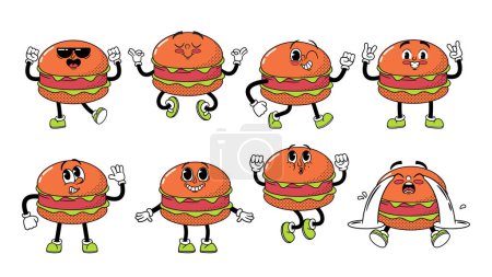 Illustration for Whimsical Retro Cartoon Burger Characters Feature Charismatic Buns, Lively Patties, And Cheerful Toppings, Bringing Nostalgic Charm With Vibrant Colors And Playful Expressions. Vector Illustration - Royalty Free Image