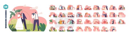 Illustration for Isolated Elements with Characters Prepare for Wedding Ceremony. Newlyweds Fitting Garments, Posing for Photographer in the Garden or Studio, Celebrate Stag Party. Cartoon People Vector Illustration - Royalty Free Image