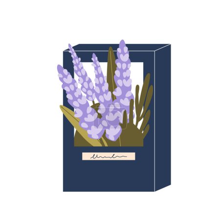 Illustration for Vibrant Lavender Blossoms Nestled In Elegant Gift Packaging, A Symphony Of Colors And Fragrance. A Thoughtful Gesture That Whispers Love And Celebration In Every Petal. Cartoon Vector Illustration - Royalty Free Image