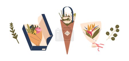 Illustration for Elegant Blossoms Adorned In Vibrant Hues, Nestled Within Exquisite Gift Packaging, Creating A Visual Symphony Of Natural Beauty Wrapped In Love And Celebration. Cartoon Vector Illustration - Royalty Free Image