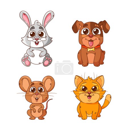Illustration for Cartoon Pets, Cat, Dog And Mouse With Bunny Cuddly Adorable Animals, Each With A Unique Charm, Bring Joy And Laughter To Their Playful Animated World Isolated On White Background. Vector Illustration - Royalty Free Image