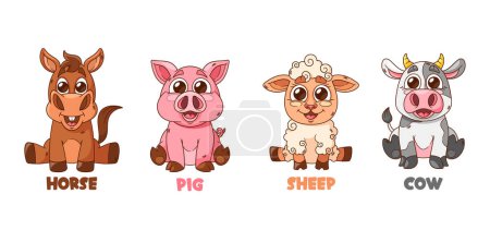 Illustration for Cartoon Pets Funny Horse, Kawaii Pig, Fluffy Sheep With Cute Bunny. Adorable Farm Animals with Endearing Smiles That Radiate Pure Joy And Playfulness Isolated On White Background. Vector Illustration - Royalty Free Image