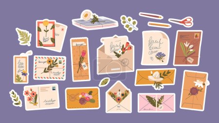 Illustration for Set of Stickers Letters And Envelopes Adorned With Delicate, Colorful Flowers Add A Touch Of Charm And Elegance, Making Correspondence A Delightful And Heartfelt Experience. Cartoon Vector Patches - Royalty Free Image