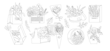 Téléchargez les illustrations : Icônes contour noir et blanc de fleurs avec enveloppement élégant, Créer un délicieux bouquet. Emballage cadeau améliore la beauté, ce qui en fait une expression parfaite d'amour et de joie. Ensemble vectoriel monochrome - en licence libre de droit