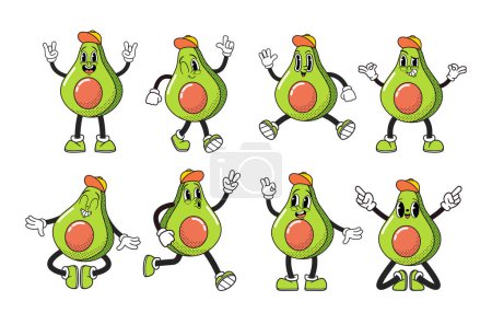 Illustration for Cartoon Groovy Avocado Lively And Charismatic Character, Radiating Positive Vibes With A Vibrant Green Hue. Funny Fruit with Cool Demeanor And Smooth Texture Animation Emojis Set. Vector Illustration - Royalty Free Image