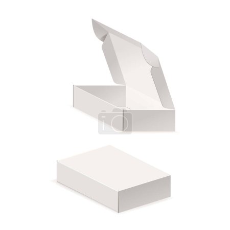 Illustration for White Paper Boxes Mockup Design Showcasing Packaging Concept. Enhance Presentation With Realistic 3d Visuals, Aiding Product Development And Marketing Strategies. Vector Paper Packages Side Angle View - Royalty Free Image